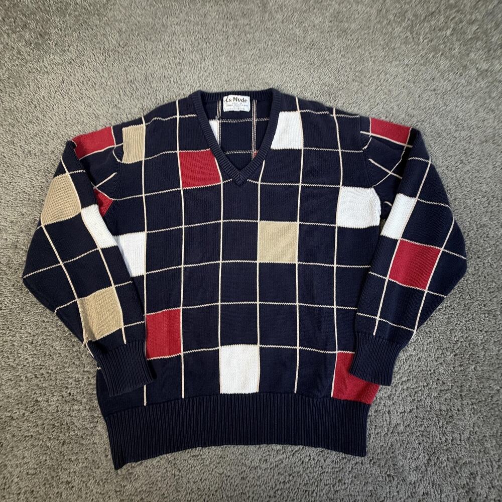 VTG La Mode Sweater Mens L V-Neck Geometric Cotton Pullover Check Collarless